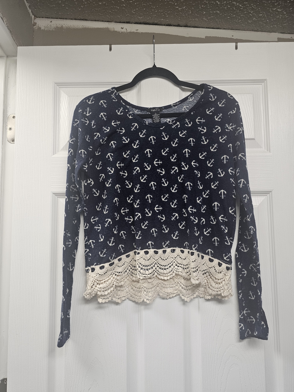Rue21 Navy Anchor Print Long Sleeve Top with Cream Lace Trim